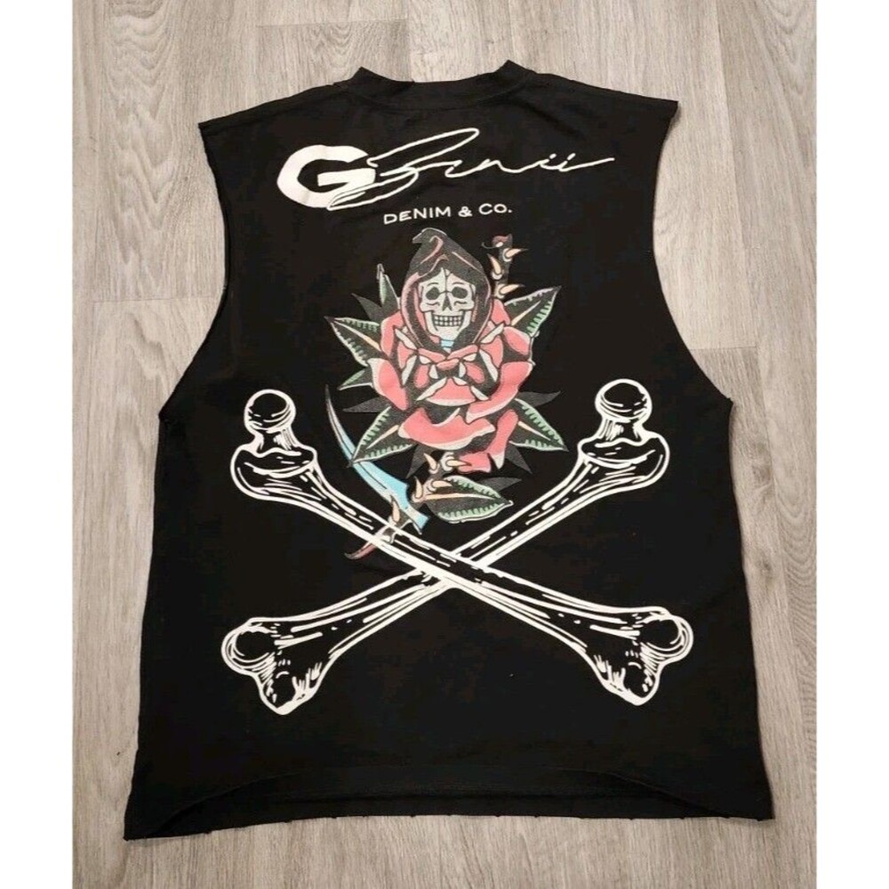 Gunzinii Skull & Bones Black Graphic T-shirt Size Medium Cut Off Sleeve - Picture 5 of 8
